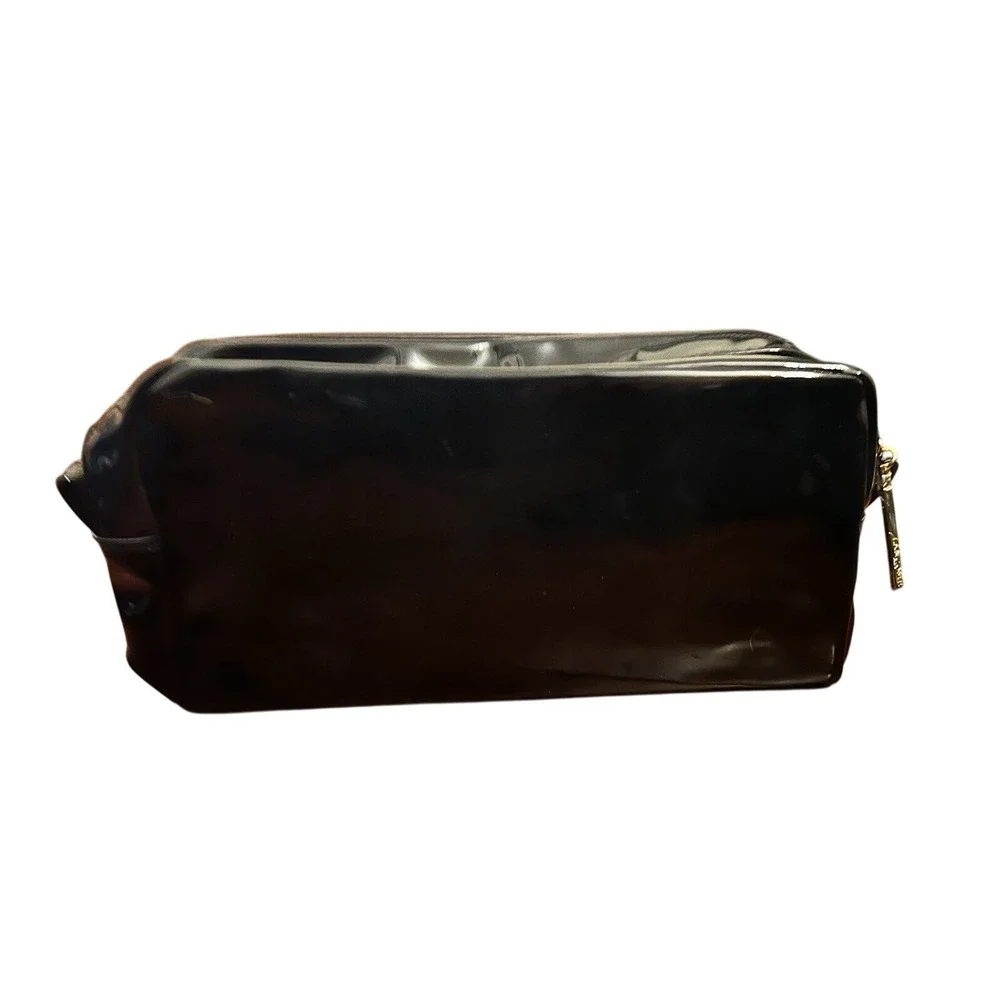 Lancome Black Faux Leather Makeup Bag Rose Design Toiletry Pouch Travel Case Zip